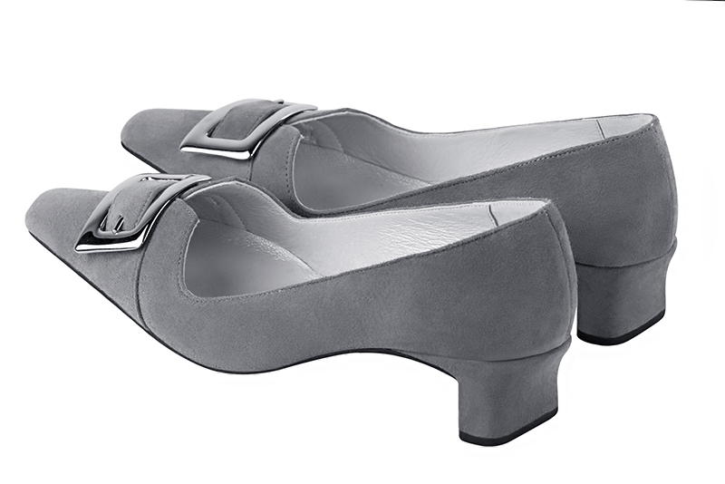 Dove grey women's dress pumps,with a square neckline. Tapered toe. Low kitten heels. Rear view - Florence KOOIJMAN